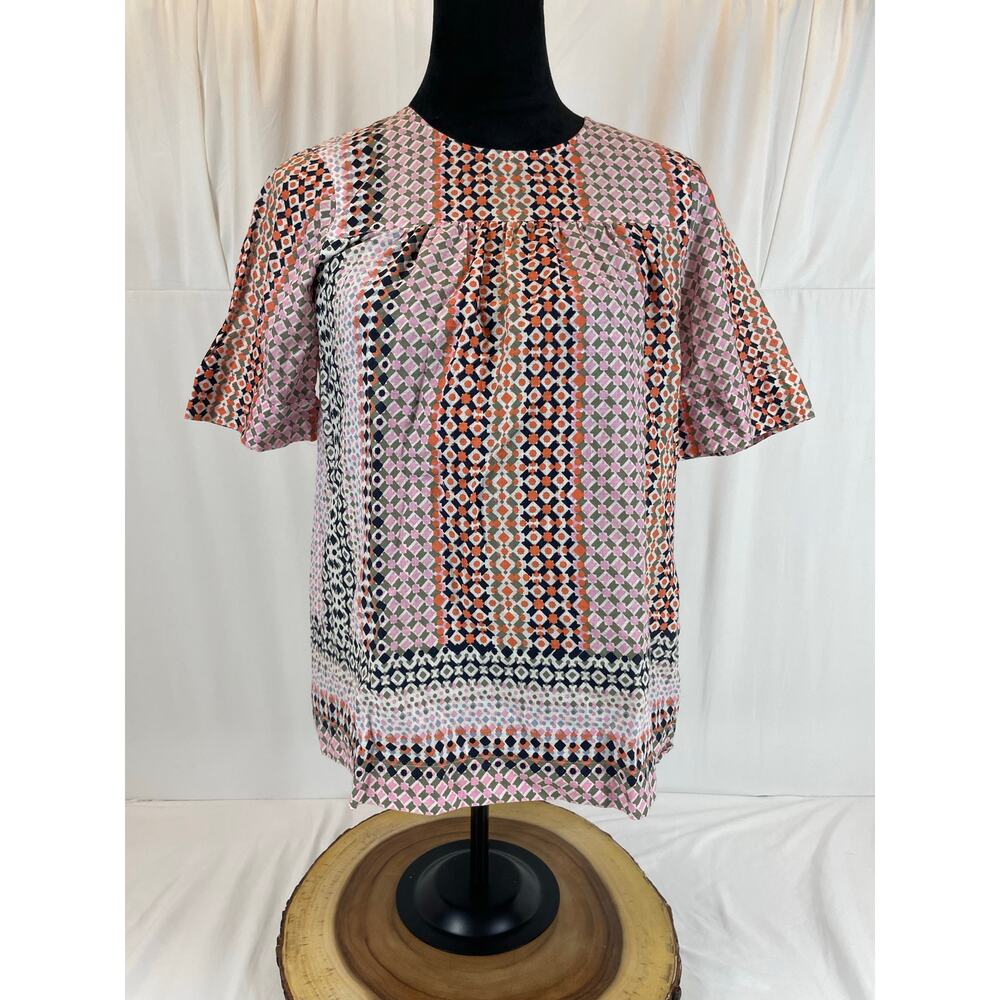 J. Crew Multicolor Geometric Split Neck Puff Sleeve T-Shirt Blouse Festival M
